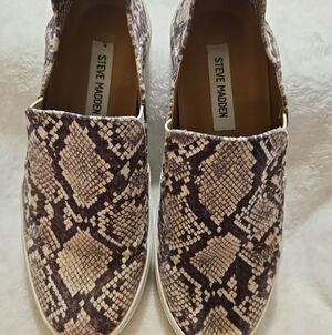 Steve Madden Brown and Cream Snake-Print Slip-On Sneakers